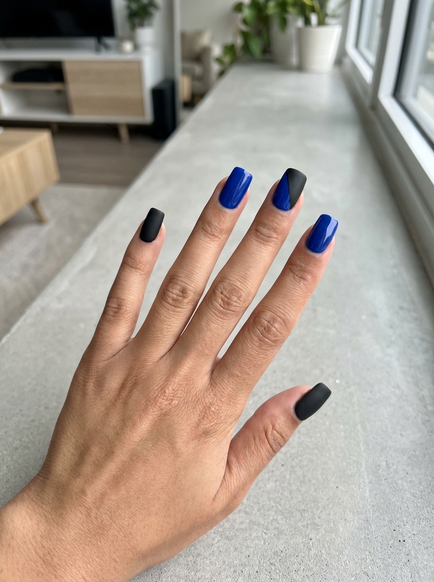 Close-up of fingers resting on a gray countertop displaying a black and blue nail art idea with alternating cobalt blue nails and matte black accents.