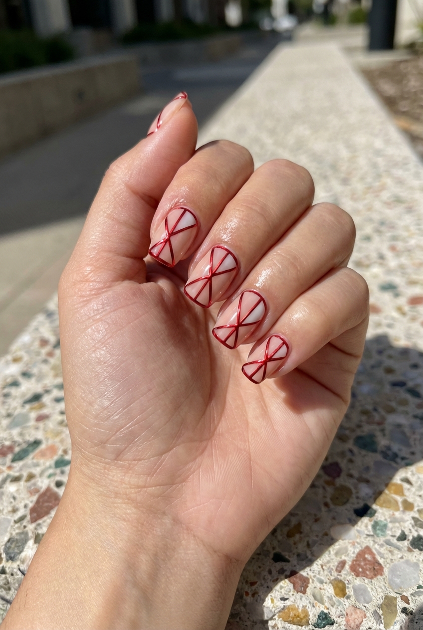 Hand held outdoors in sunlight displaying a red chrome nail art idea with a translucent nude base and thin ruby chrome lines forming bow-shaped ribbon patterns on short square nails.