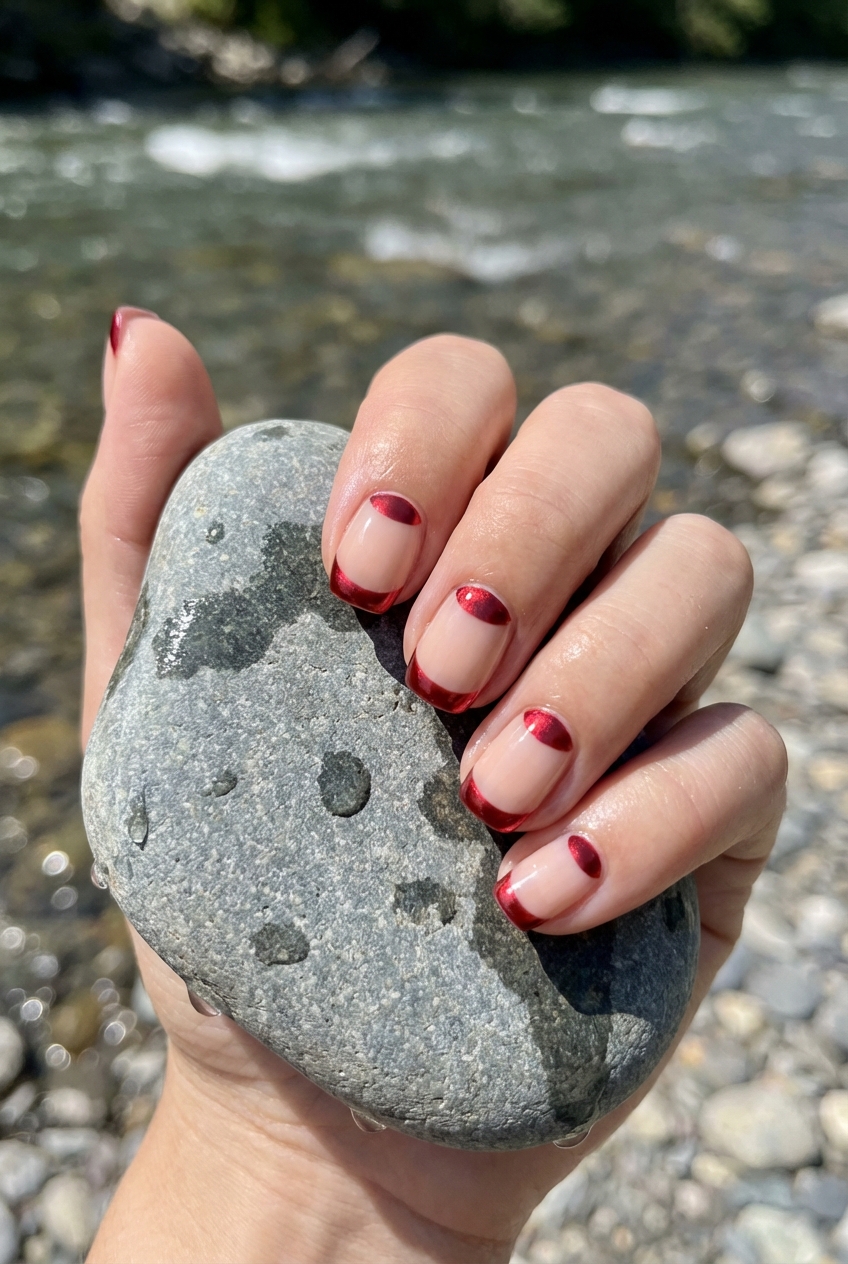 Close-up of fingers gripping a wet river rock showing a red chrome nail art idea with soft nude nails and metallic crimson chrome crescent tips against a blurred river background.