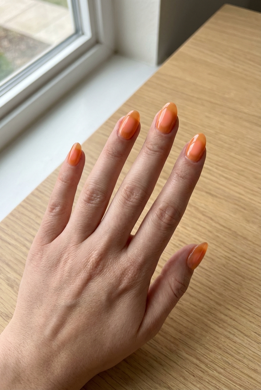 Manicured hand resting on a wooden surface displaying an orange nail art idea with translucent nude nails gradually blending into apricot-orange tips.