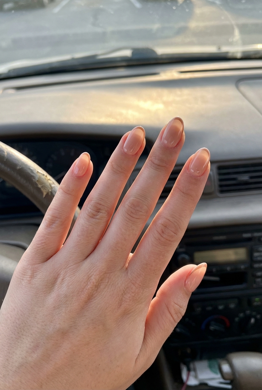 Driver’s seat perspective showing a manicured hand with a neutral nail art idea featuring peach nude glossy almond nails against a car interior.