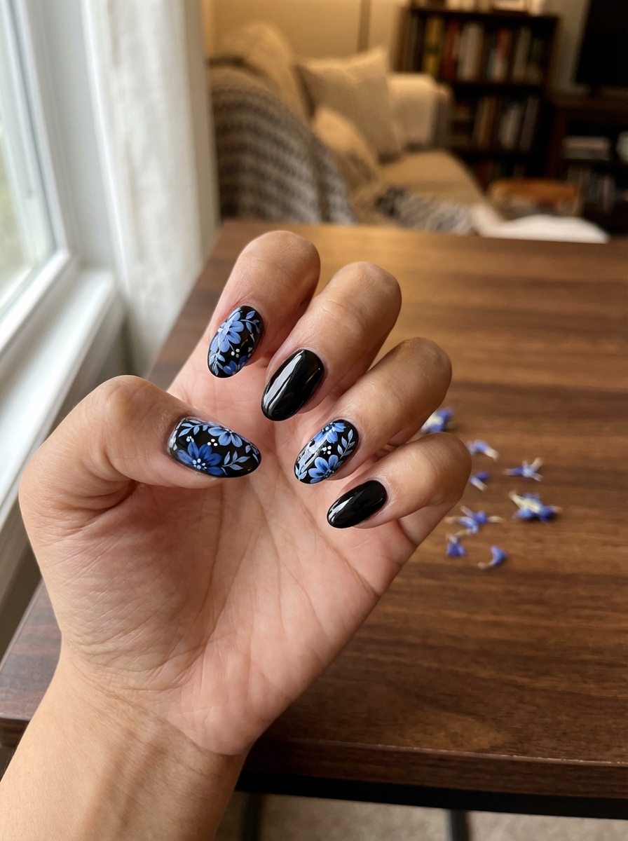 Close-up of a hand by a window showing a black and blue nail art idea with black glossy nails and blue floral nail art with small white dotted accents.