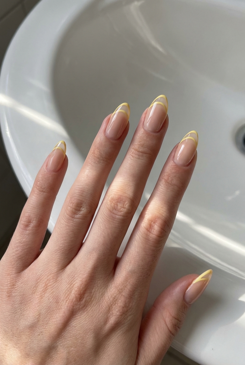 Fingers extended in natural light display yellow French tip nail art idea with nude pink nails and thin abstract yellow lines forming curved French tips near a white basin