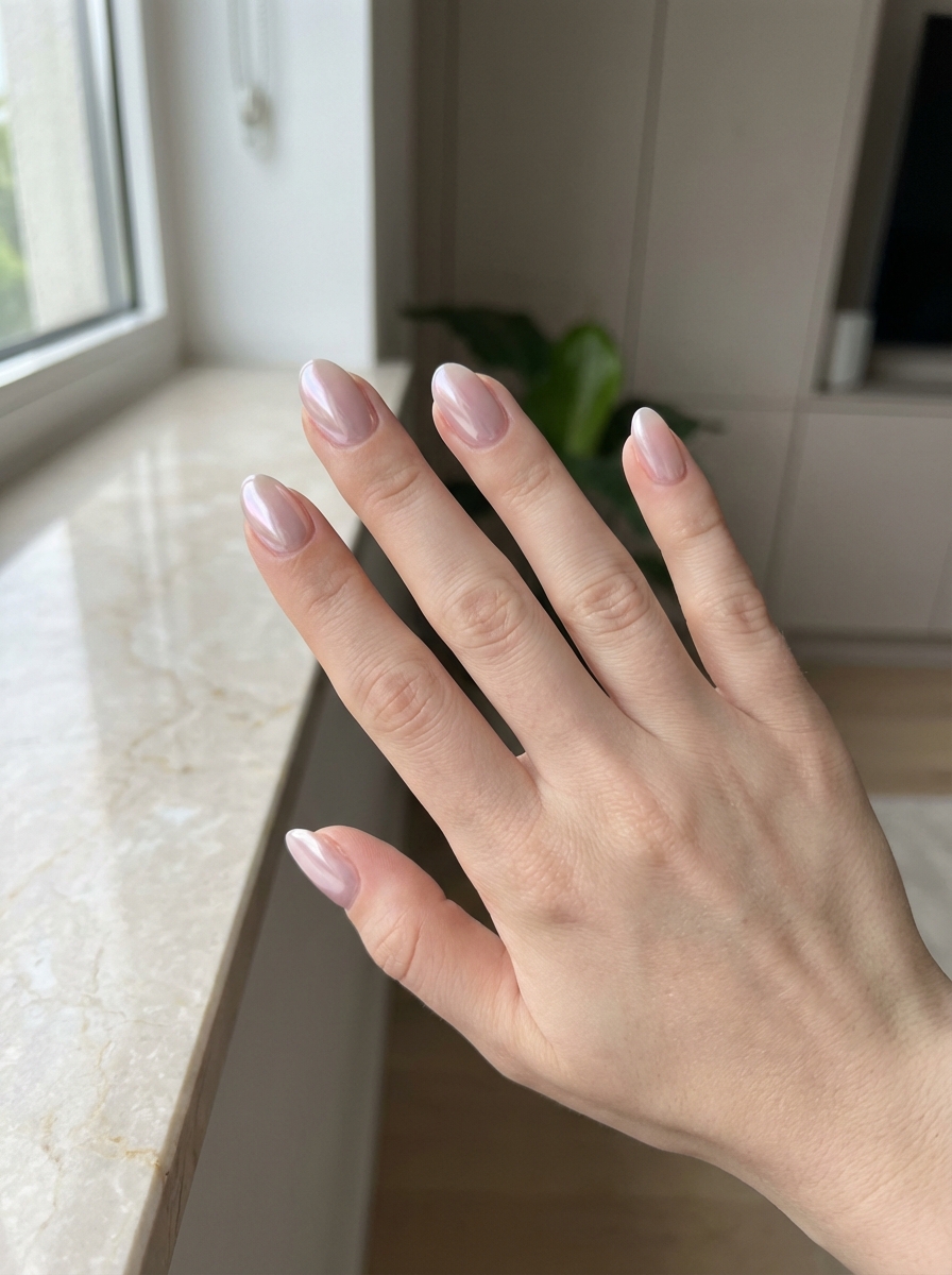 Hand held near a window ledge displaying a short nail art idea with sheer blush pink polish and a pearly chrome shimmer on short almond-shaped nails.