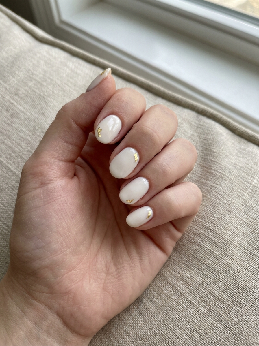 Close-up of a hand by a window displaying a white and gold nail art idea with glossy ivory nails and scattered gold foil flecks placed lightly across each nail.
