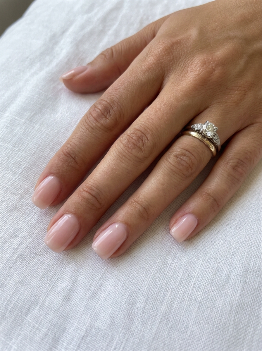 Manicured hand with glossy blush nude short nails resting on soft white linen next to a diamond engagement ring, representing a refined minimalist bridal nail art idea.