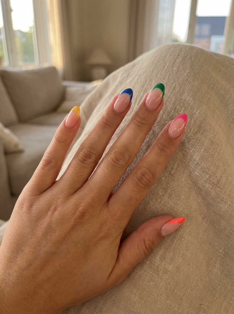 Close-up of a hand in a cozy living room displaying a colorful nail art idea with glossy nude nails and multicolor French tips in yellow, blue, green, pink, and coral