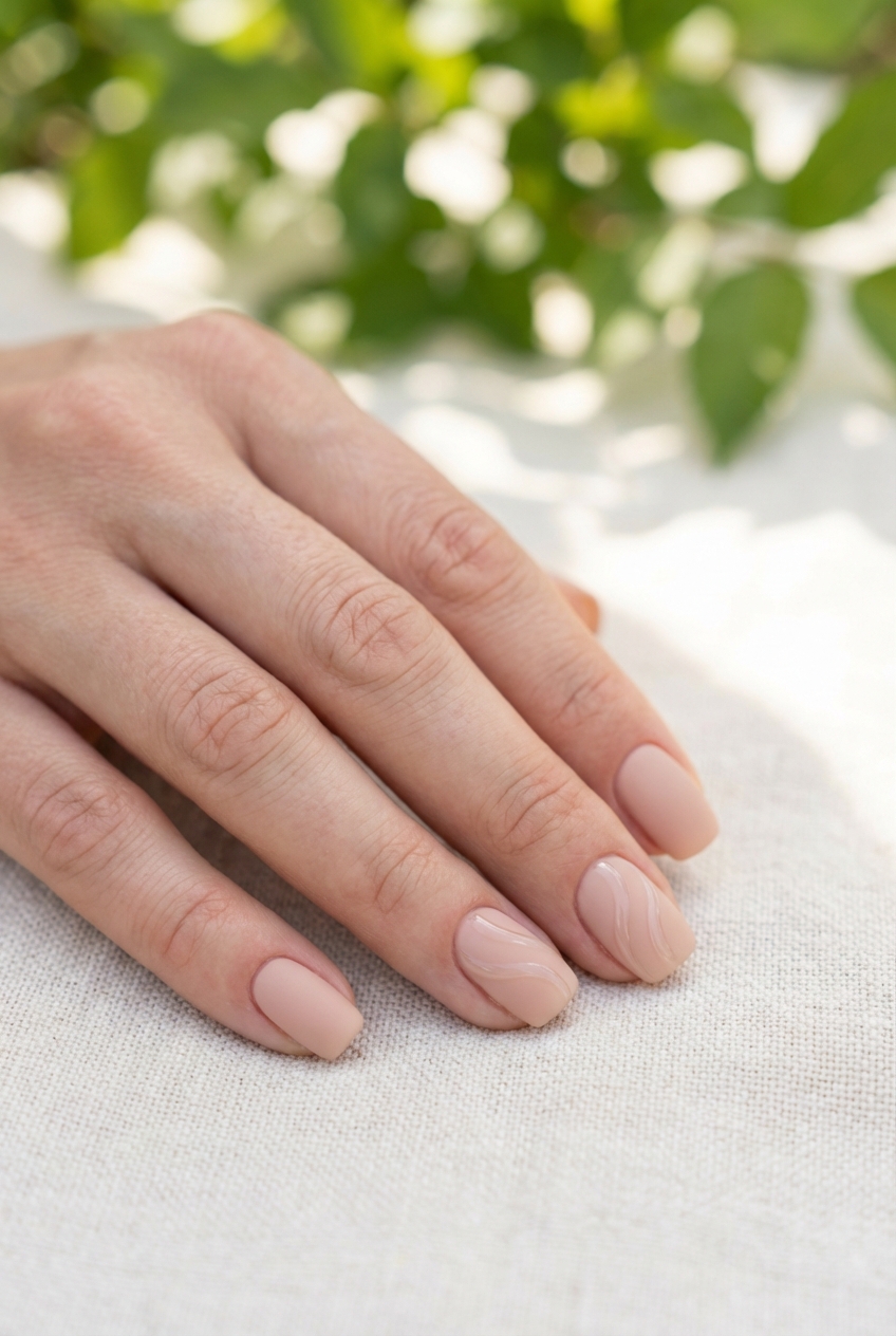 Hand resting on light fabric outdoors showing a neutral nail art idea with blush-beige nails and delicate swirl accents, with soft green foliage blurred in the background.