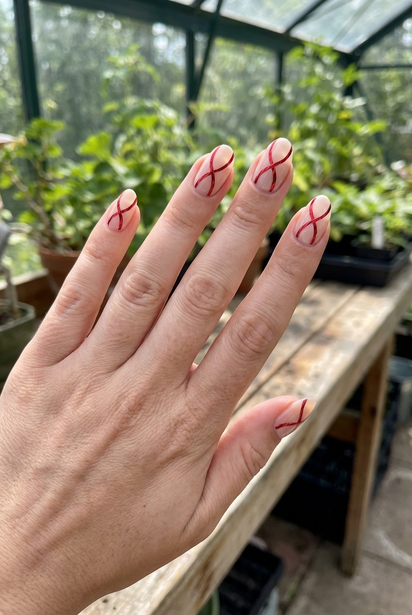 Fingers extended in a sunlit greenhouse displaying a red nail art idea with sheer nude nails and thin glossy red ribbon lines crossing each nail.