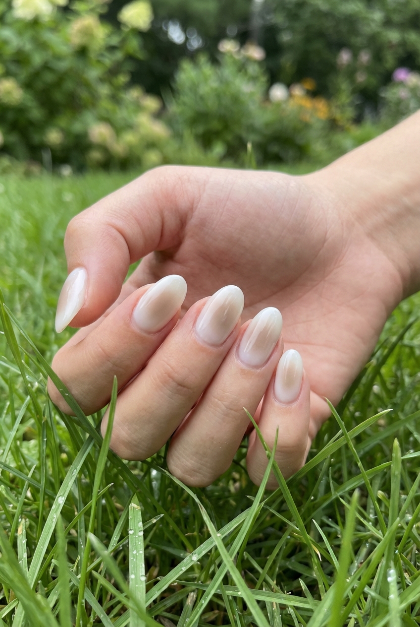 Close-up of a hand placed in grass showing a neutral nail art idea with creamy milky white almond nails photographed outdoors in a garden setting.