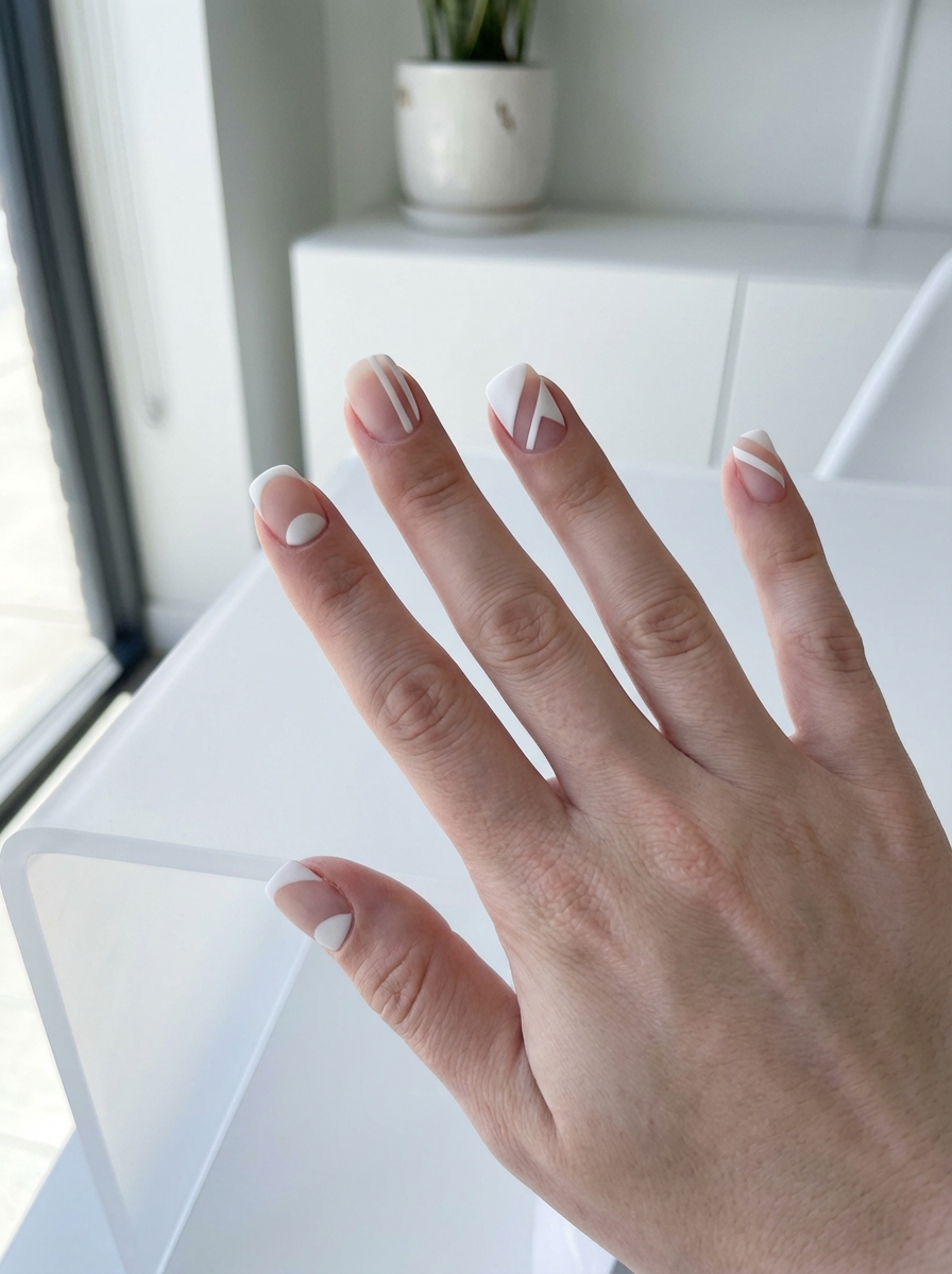 Close-up of a hand near a white desk displaying a short nail art idea with blush nude polish and modern white line designs including French tips and curved accents.