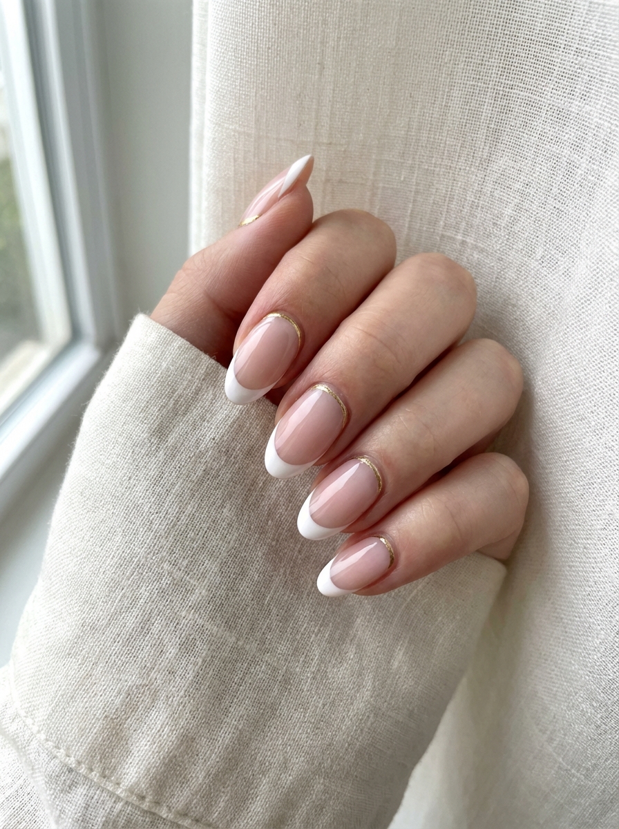 Manicured hand wrapped in a soft sleeve showing a white and gold nail art idea with glossy nude almond nails, white French tips, and delicate gold cuticle outlines.