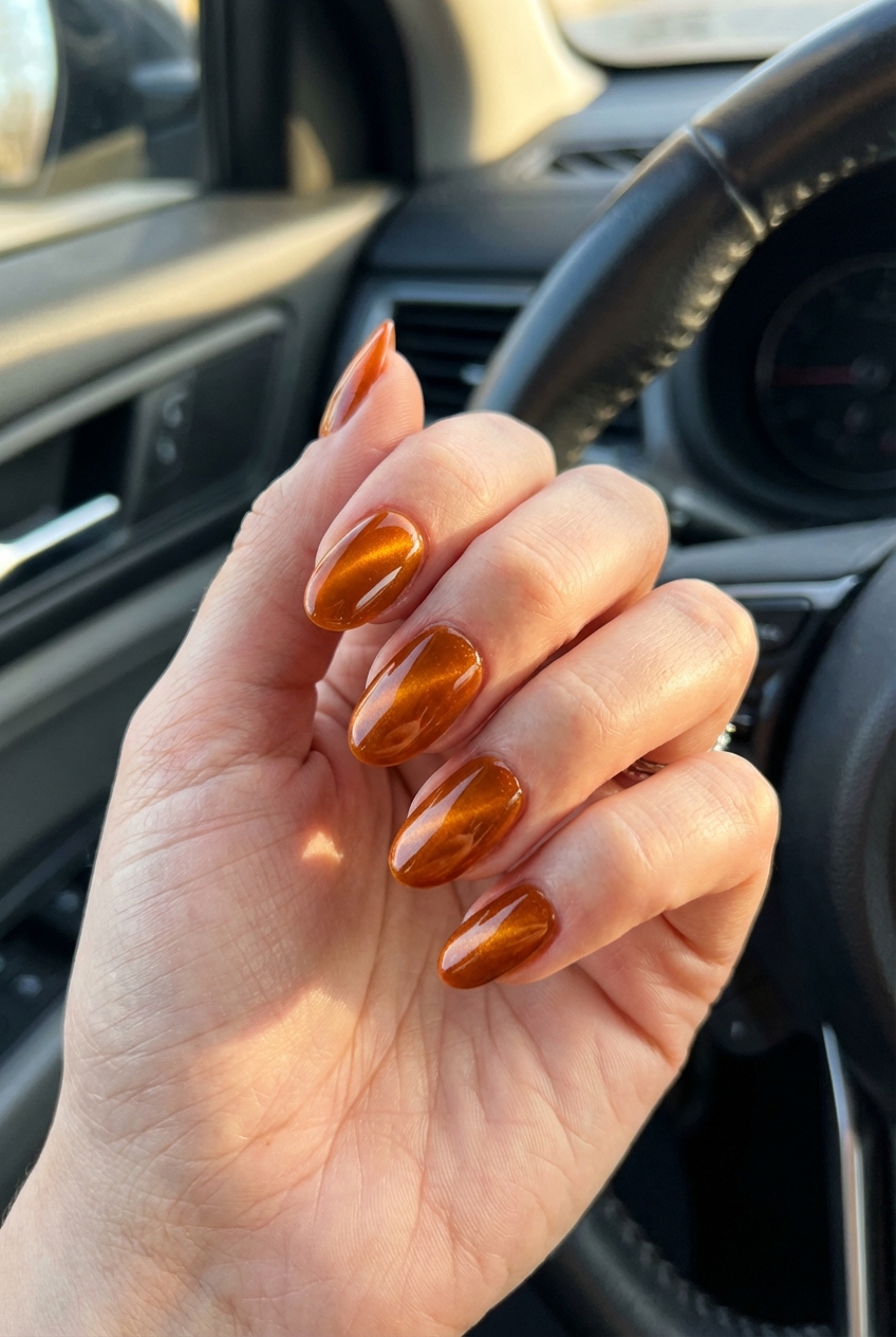 Hand positioned in front of a steering wheel featuring an orange nail art idea with oval nails painted in rich caramel-orange glossy polish.