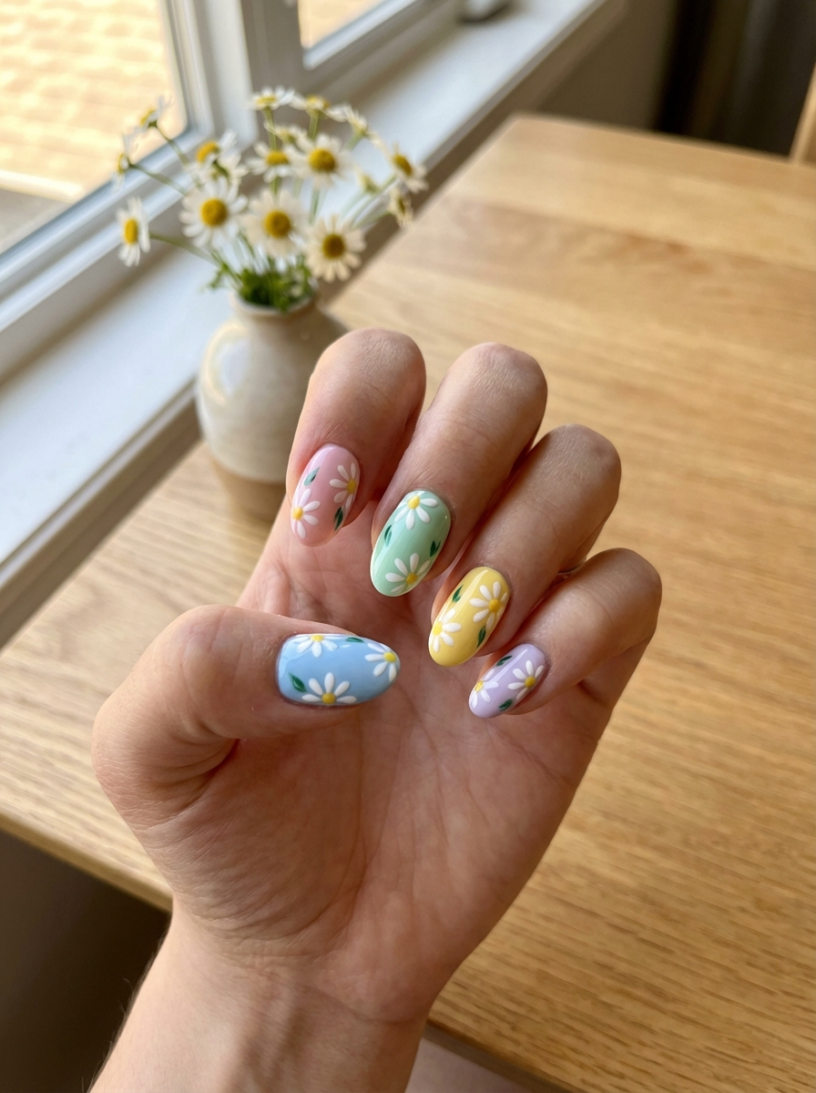 Hand near a window holding pastel nails with a colorful nail art idea featuring white daisy flowers painted over blue, pink, green, yellow, and lilac polish beside a small vase of daisies