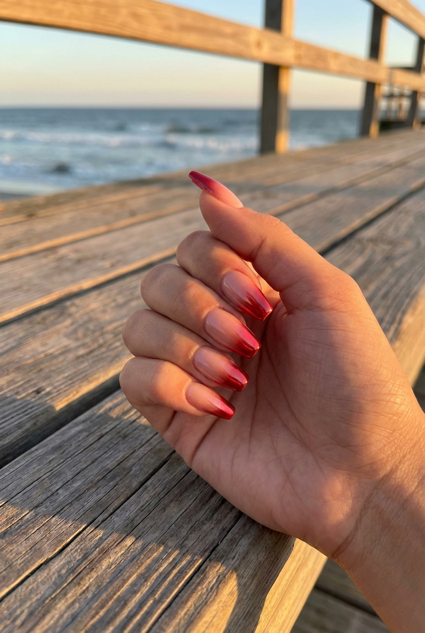 Hand resting on a wooden seaside boardwalk showing a red chrome nail art idea with nude-to-crimson chrome ombre almond nails and ocean waves in the background.