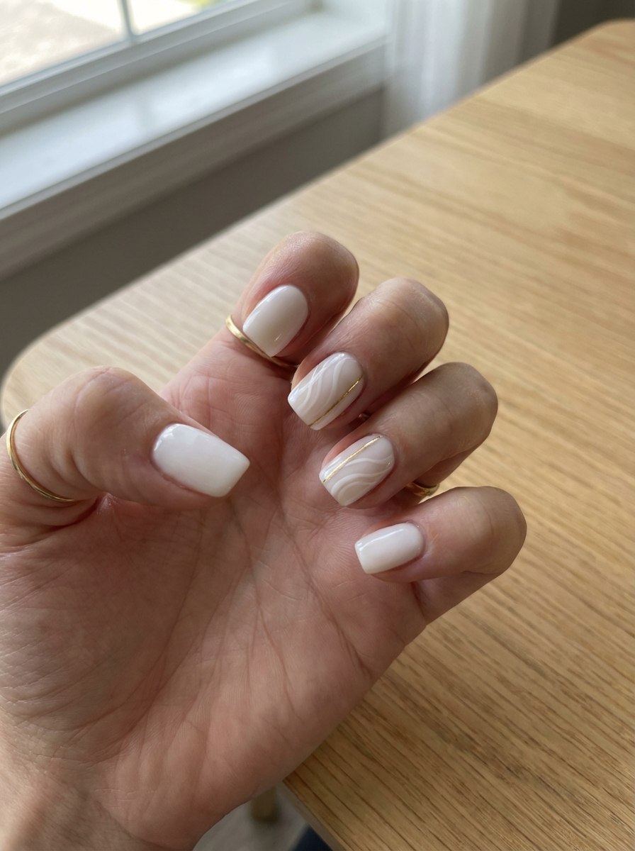 Hand slightly curled above a light wood table near a window, featuring a white and gold nail art idea with glossy ivory square nails and accent nails showing marble wave patterns with a thin gold stripe.