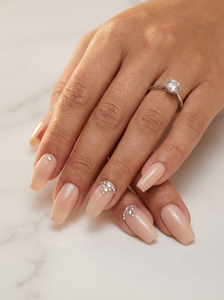 Close-up of a hand wearing a diamond engagement ring displaying glossy nude coffin nails with delicate rhinestone crescent accents on two nails for a refined bridal nail art idea.