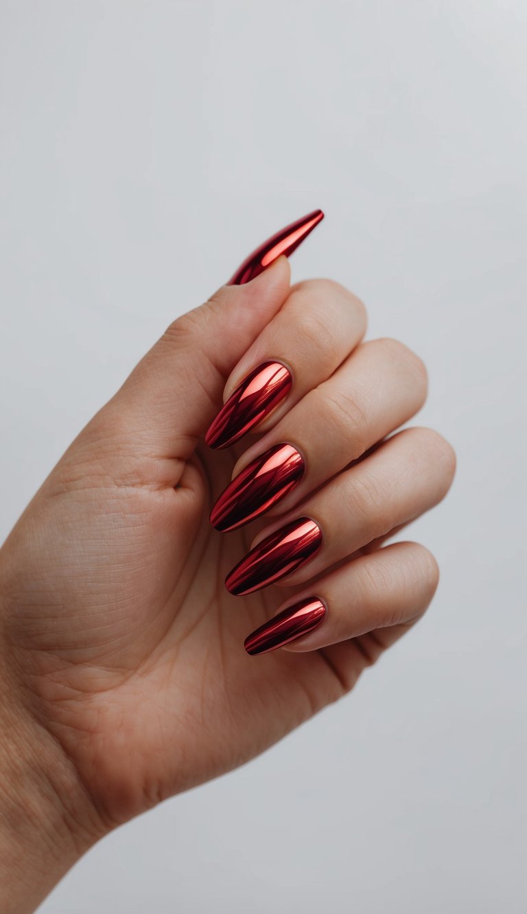 Manicured hand with almond nails featuring a red chrome nail art idea, showing smooth mirror-like crimson chrome polish photographed against a neutral studio backdrop.