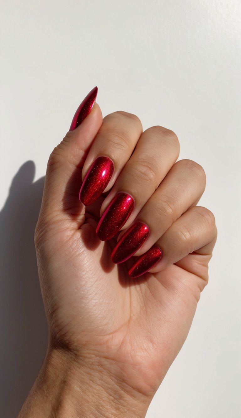Close-up of a hand showing a red chrome nail art idea with almond-shaped nails painted in reflective ruby chrome polish against a minimal white background.