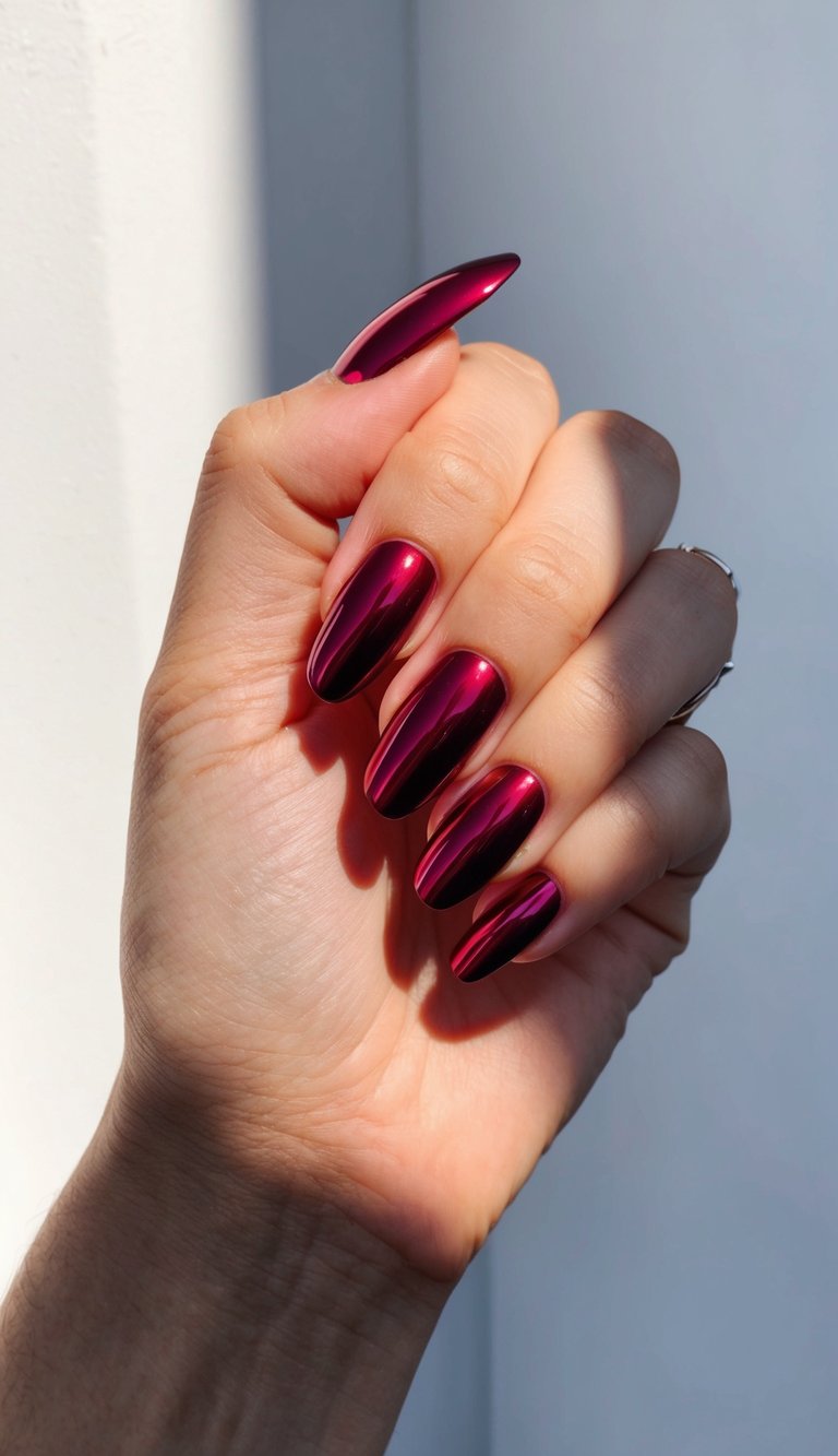 Manicured hand near a bathroom sink featuring a red chrome nail art idea with nude nails and reflective crimson chrome French tips.