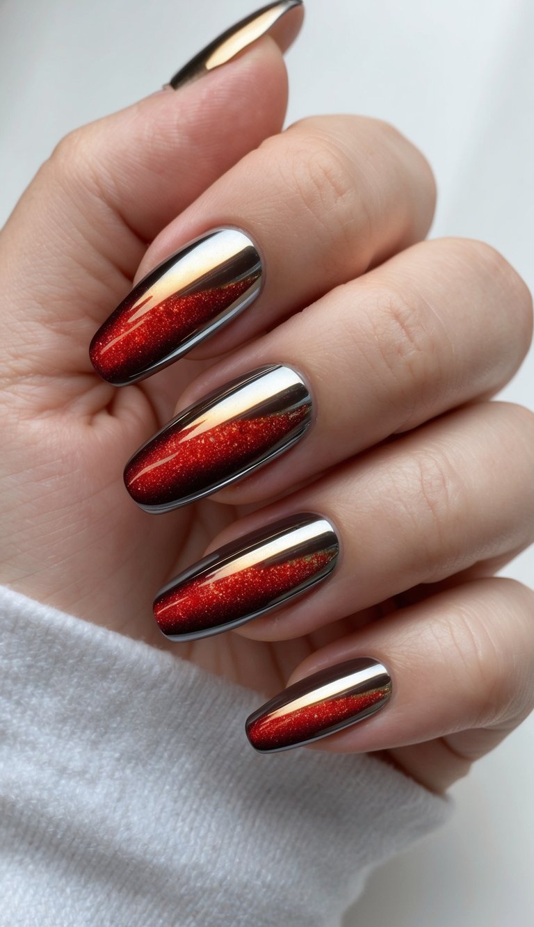 Fingers slightly curled showing a red chrome nail art idea with almond nails featuring sparkling ruby chrome cores and glossy dark chrome outer edges.