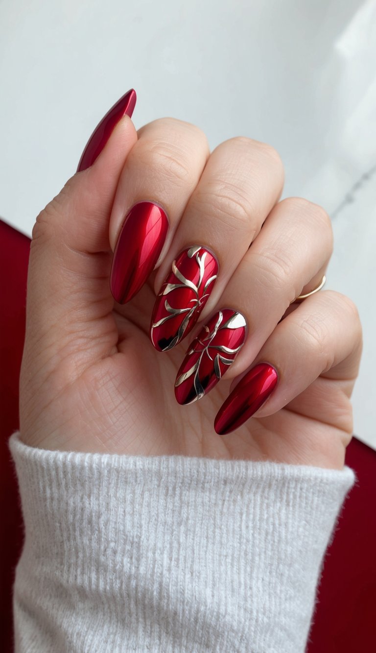 Close-up of a manicured hand featuring a red chrome nail art idea with glossy crimson chrome nails and ornate silver swirl designs painted on two accent nails.