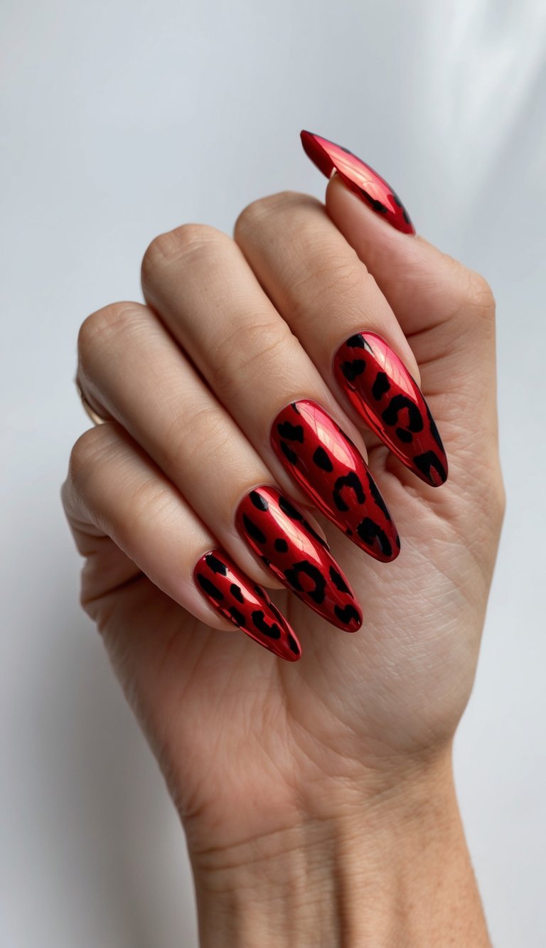Manicured hand against a light background featuring a red chrome nail art idea with shiny crimson chrome almond nails covered in bold black leopard-print accents.