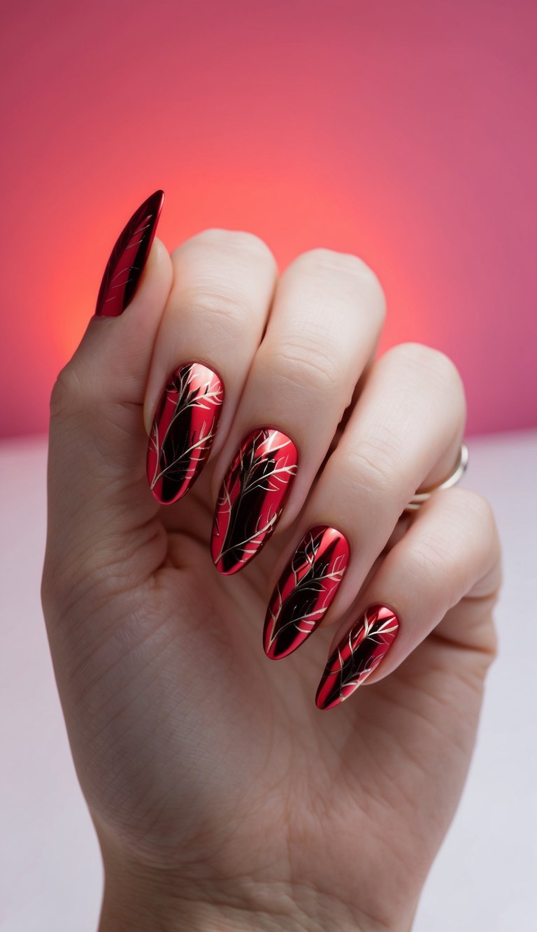 Close-up of a manicured hand displaying a red chrome nail art idea with metallic scarlet chrome nails detailed with thin black leaf-inspired line art.