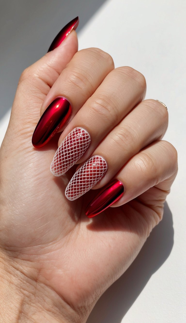 Close-up of a manicured hand displaying a red chrome nail art idea with metallic scarlet chrome nails and translucent accent nails featuring white net lattice artwork.