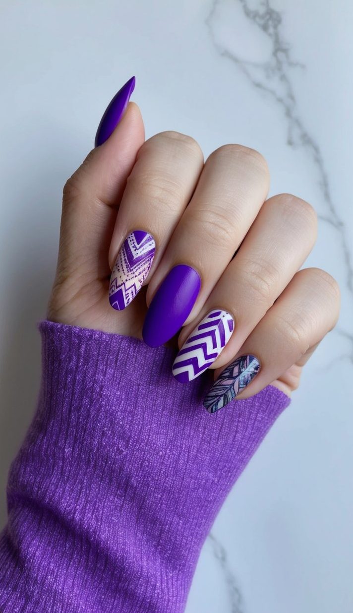 Close-up of a hand wearing a purple sleeve displaying a matte purple nail art idea with a mix of solid violet nails and intricate patterned accent nails