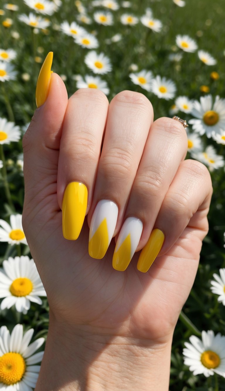Fingers curled slightly in a daisy-filled garden display yellow French tip nail art idea with bold yellow nails and white accent nails finished with diagonal yellow tip designs