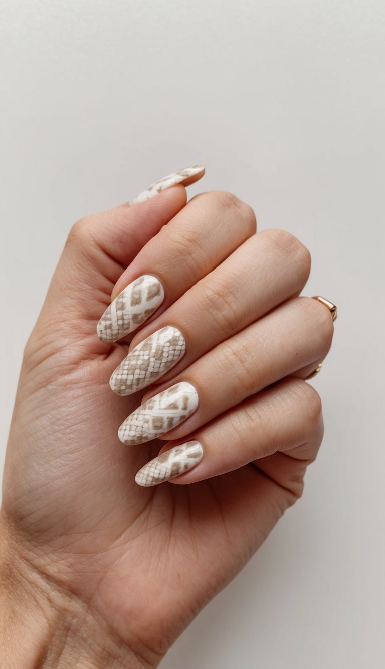Manicured hand with long almond nails showing a neutral nail art idea with creamy nude base and taupe reptile-inspired scale patterns in soft natural lighting.
