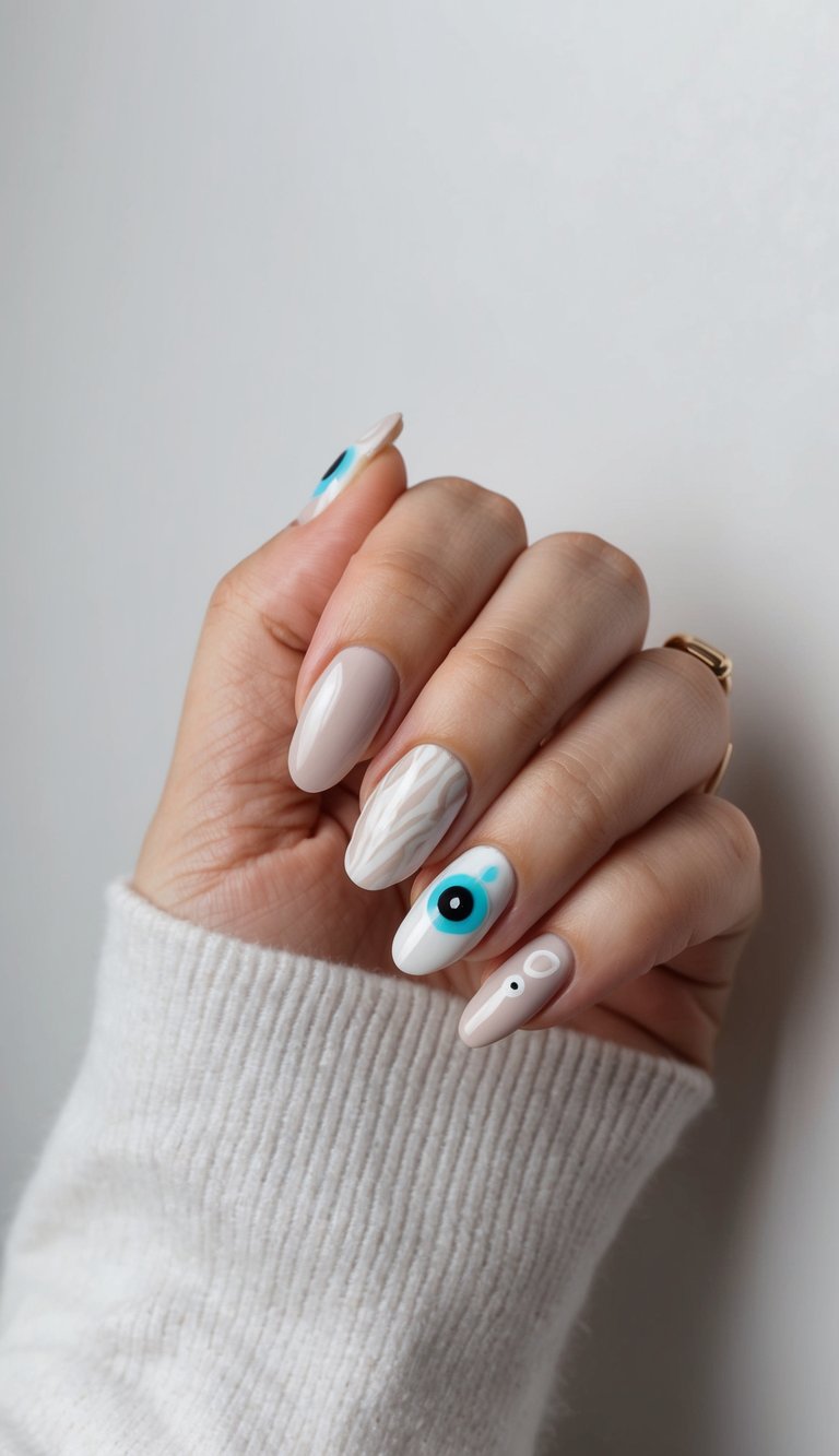 Close-up of a hand with almond-shaped nails featuring a neutral nail art idea with beige polish, a white marble accent nail, and a turquoise evil eye design on a white nail.