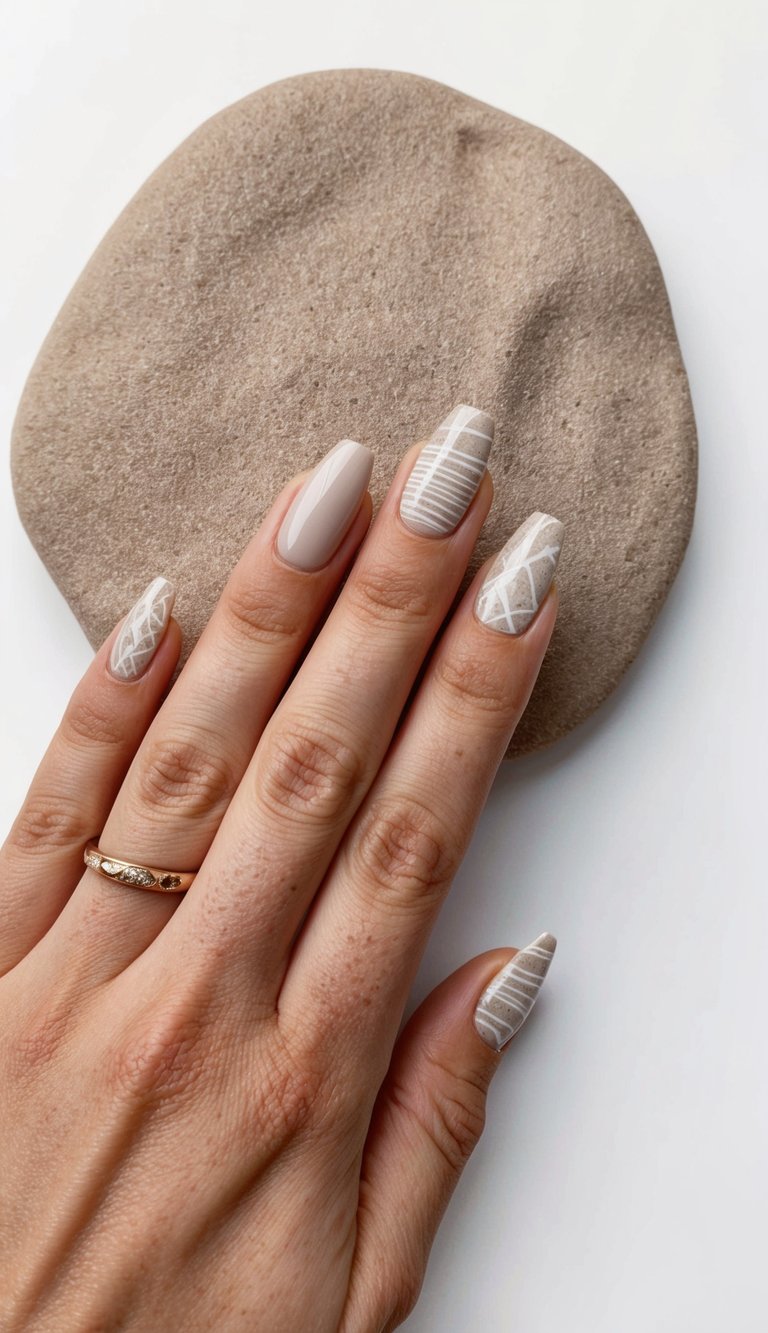 Hand with a gold ring resting on a stone surface showing a neutral nail art idea with taupe nude nails and white lattice line patterns on accent nails.