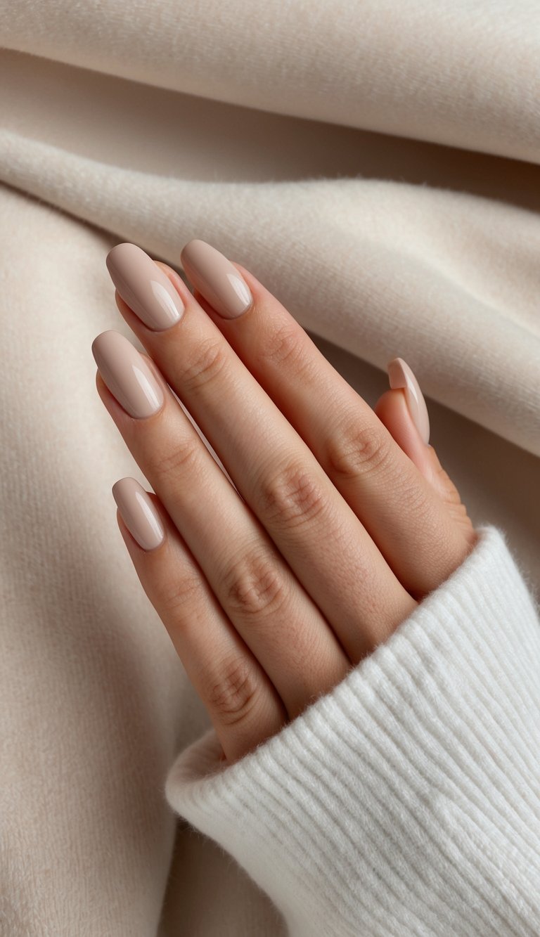 Close-up of a hand with almond-shaped nails resting near soft cream fabric, featuring a neutral nail art idea with glossy warm beige nude polish.