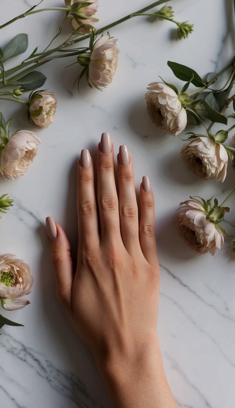 Top-down view of a manicured hand with glossy nude beige almond nails placed on marble, surrounded by pale ranunculus flowers creating a soft neutral nail art idea scene.
