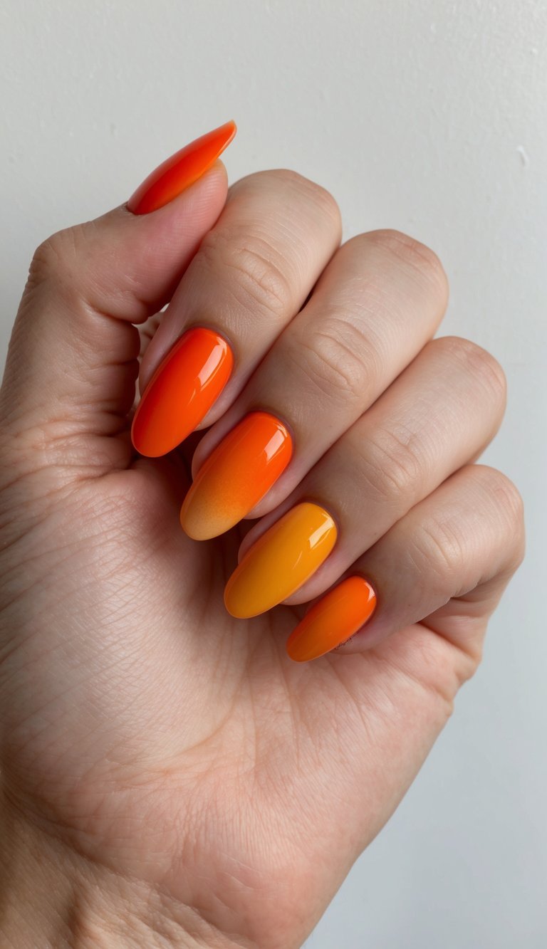 Close-up of a hand showing an orange nail art idea with glossy almond-shaped nails featuring a gradient blend of bright tangerine and warm mango orange shades.