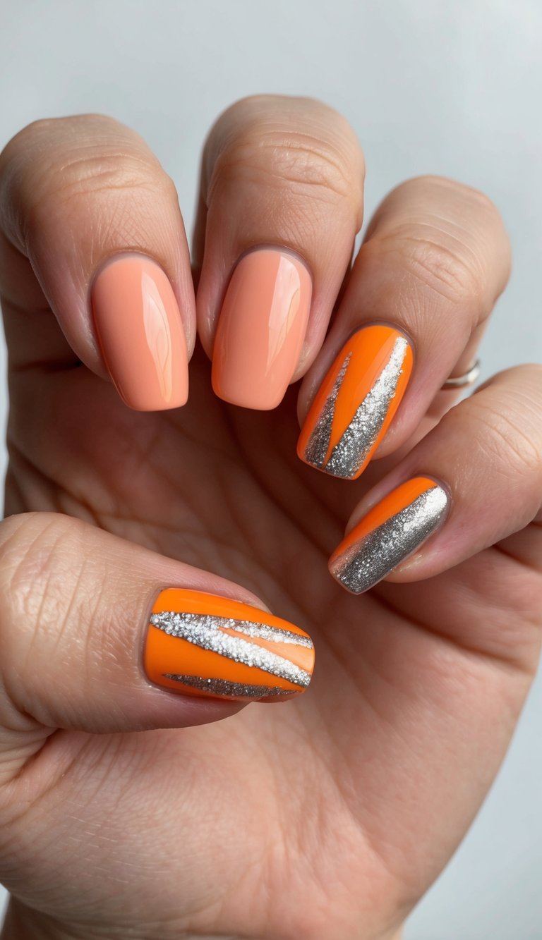 Hand positioned in front of a neutral background featuring an orange nail art idea with peach nails and orange accent nails highlighted by glittery silver diagonal lines.