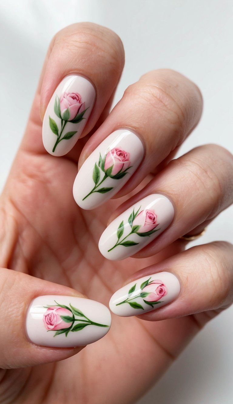 Close-up of almond-shaped nails revealing a short nail art idea with ivory polish and finely painted pink roses with green leaves on each nail.