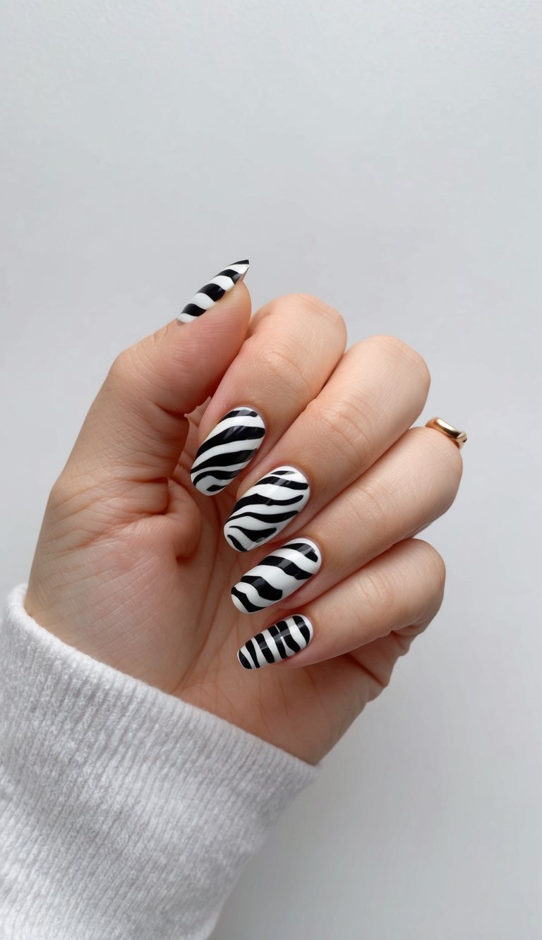 Close-up of a hand wearing a cozy sleeve showcasing a short nail art idea with glossy white nails decorated with dramatic black zebra stripe designs.