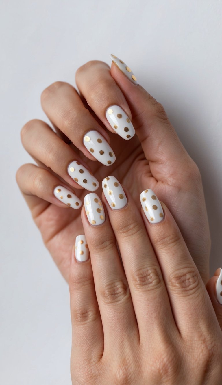 Two hands placed together showing a white and gold nail art idea with medium oval nails painted glossy white and decorated with metallic gold polka dots across each nail.