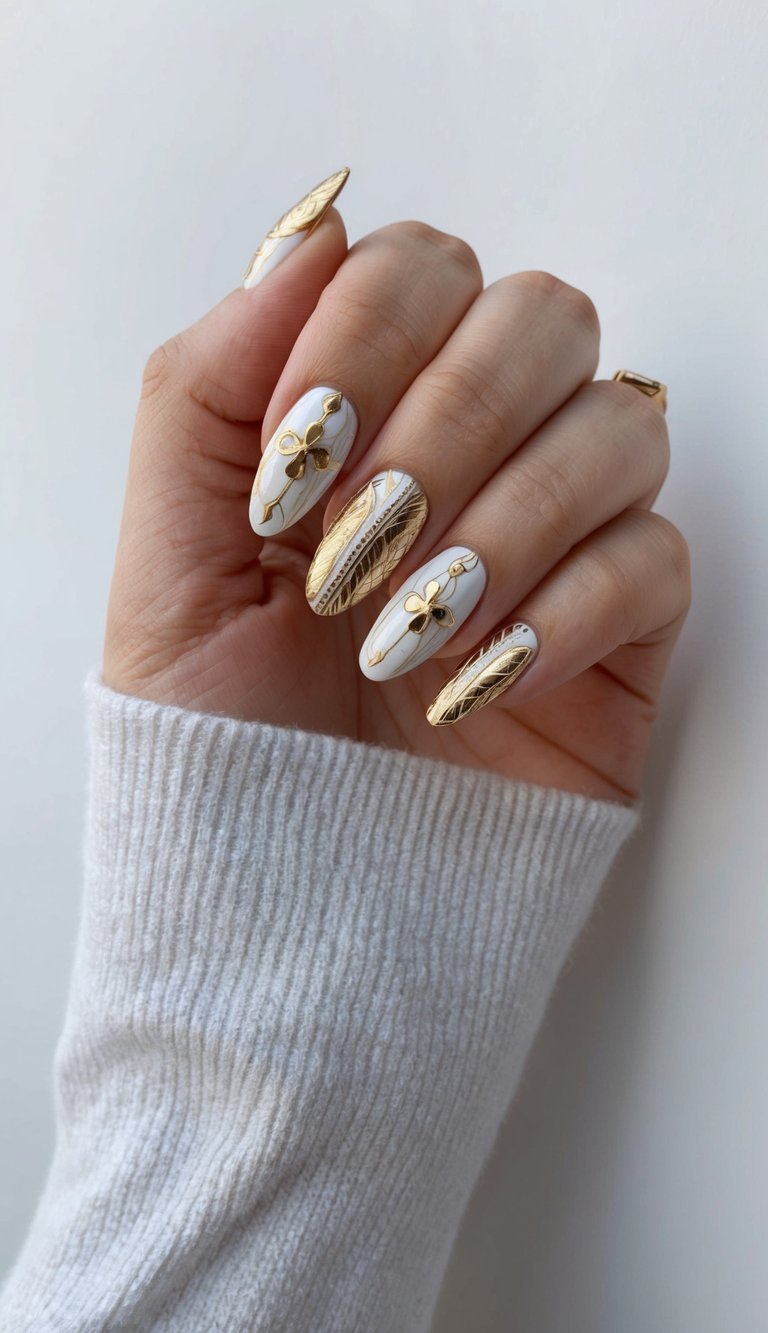 Hand slightly curled showing a white and gold nail art idea with almond-shaped white nails featuring raised gold flower charms, textured metallic gold accent nails, and decorative gold lines.