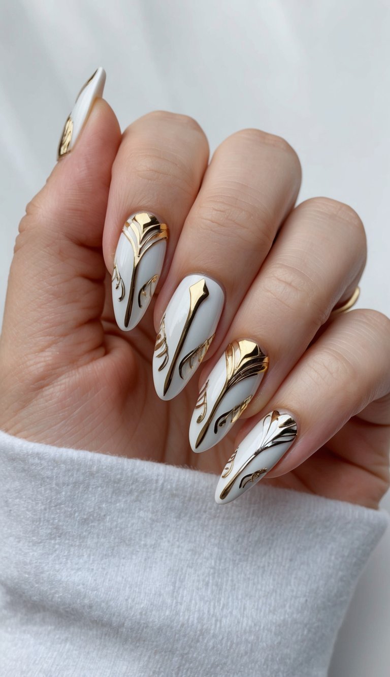 Manicured hand slightly curled showing a white and gold nail art idea with glossy white almond nails embellished with raised gold scrollwork and flowing metallic accents.