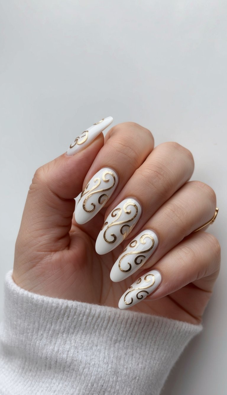 Close-up of fingers gently curled displaying a white and gold nail art idea with glossy ivory nails featuring raised metallic gold scroll designs across each nail.