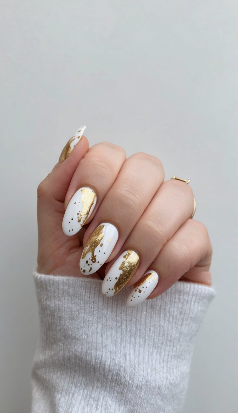 Manicured hand against a neutral background featuring a white and gold nail art idea with almond-shaped ivory nails adorned with bold gold foil streaks and scattered gold dots.