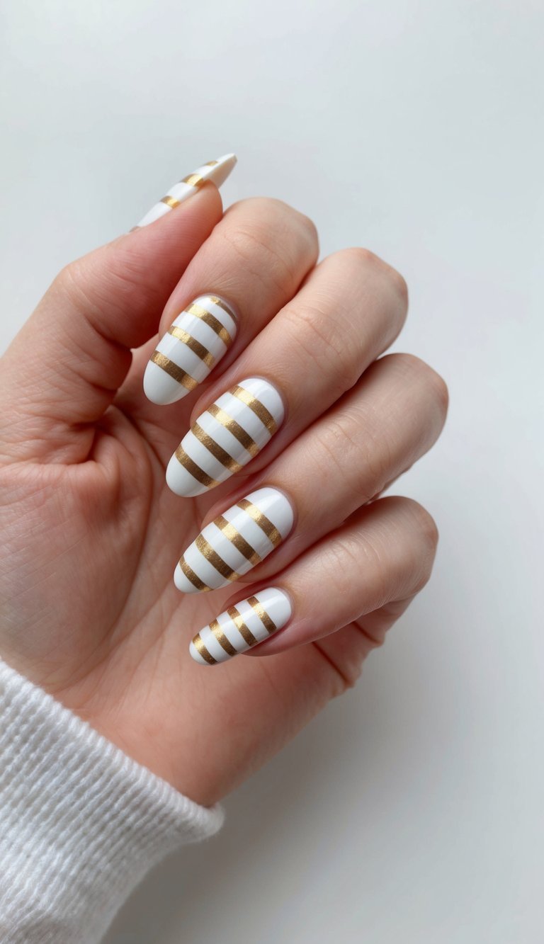 Fingers gently angled inward featuring a white and gold nail art idea with glossy ivory almond nails decorated with horizontal metallic gold stripes across each nail.