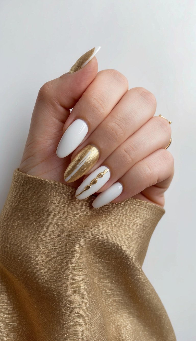 Fingers gently curled over a gold satin sleeve featuring a white and gold nail art idea with glossy ivory nails, a metallic gold accent nail, and a delicate gold chain detail on one nail.