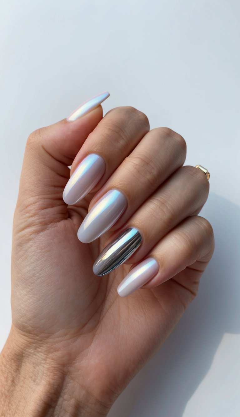 Close-up of a hand displaying almond-shaped milky white nails with an iridescent chrome sheen and one mirror-silver chrome accent nail, presenting a chrome nail art idea in bright natural light.