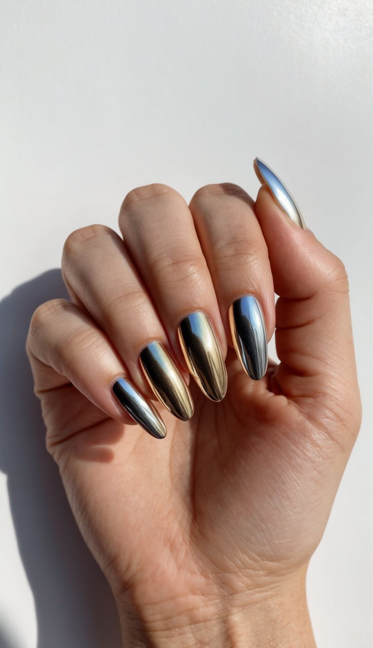 Hand raised against a bright background showing long almond-shaped nails painted in alternating gold and gunmetal chrome polish, highlighting a chrome nail art idea with reflective metallic shine.