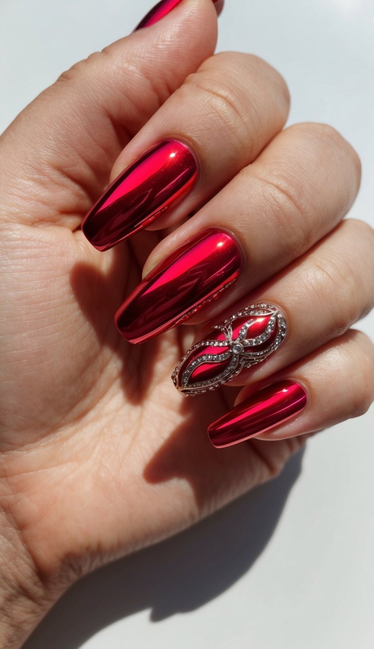 A hand with long, glossy red nails, featuring a decorative silver ring on the middle finger.